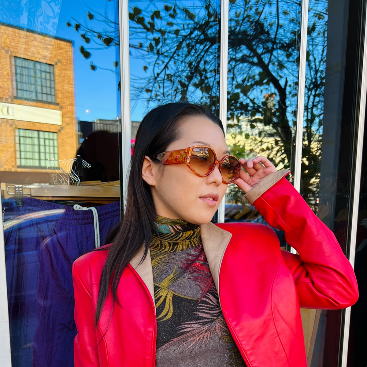 Christian Dior Cinnabar Red & Gold Basketweave Print Sunglasses — vintage 1980s Christian Dior eyewear in red, gold