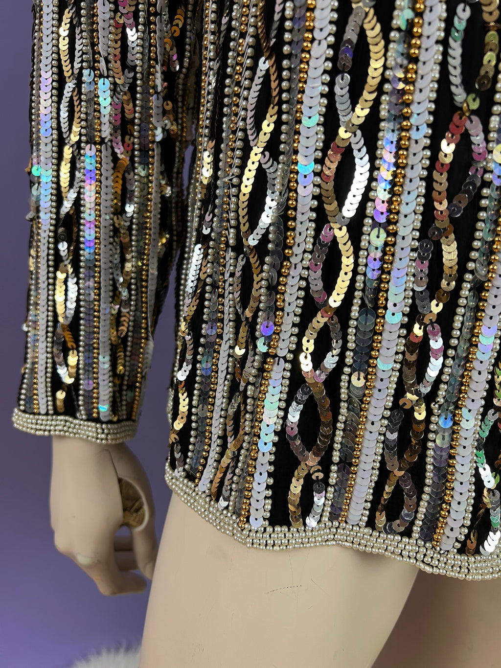 Infinity Sequin Pearl Silk Jacket — vintage Papéll Boutique Evening jacket in white, gold, silver