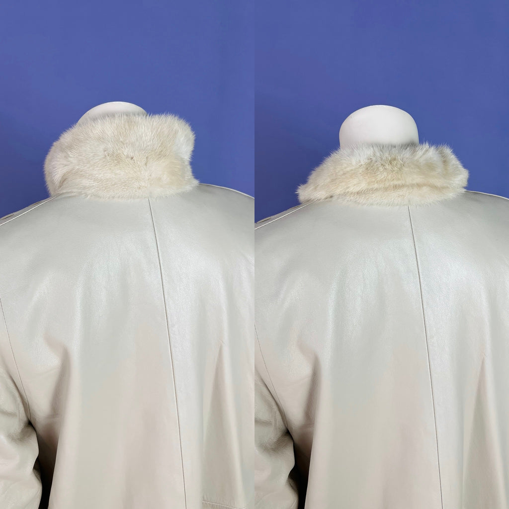 Leather & Suede Mink Trim Coat — vintage jacket in ivory, grey