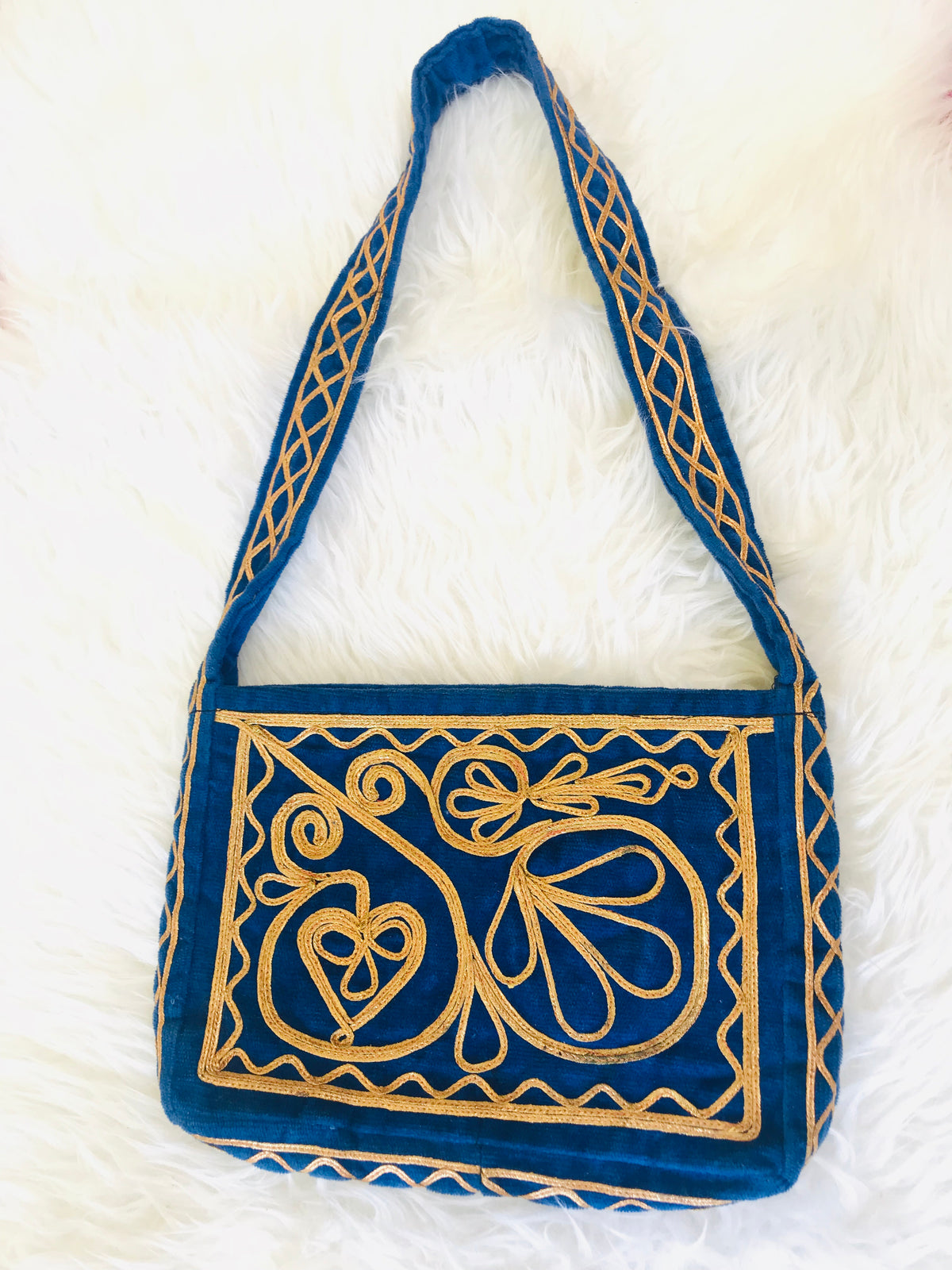 SOLD 1960s/70s Blue Velvet Gold Embroidered Handbag — vintage 1960s bag in gold, blue