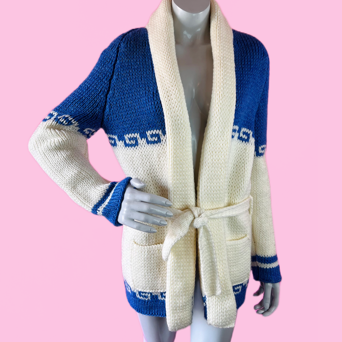 Blue & White Handknit Waves Wrap Sweater with Belt — vintage belt in white, blue