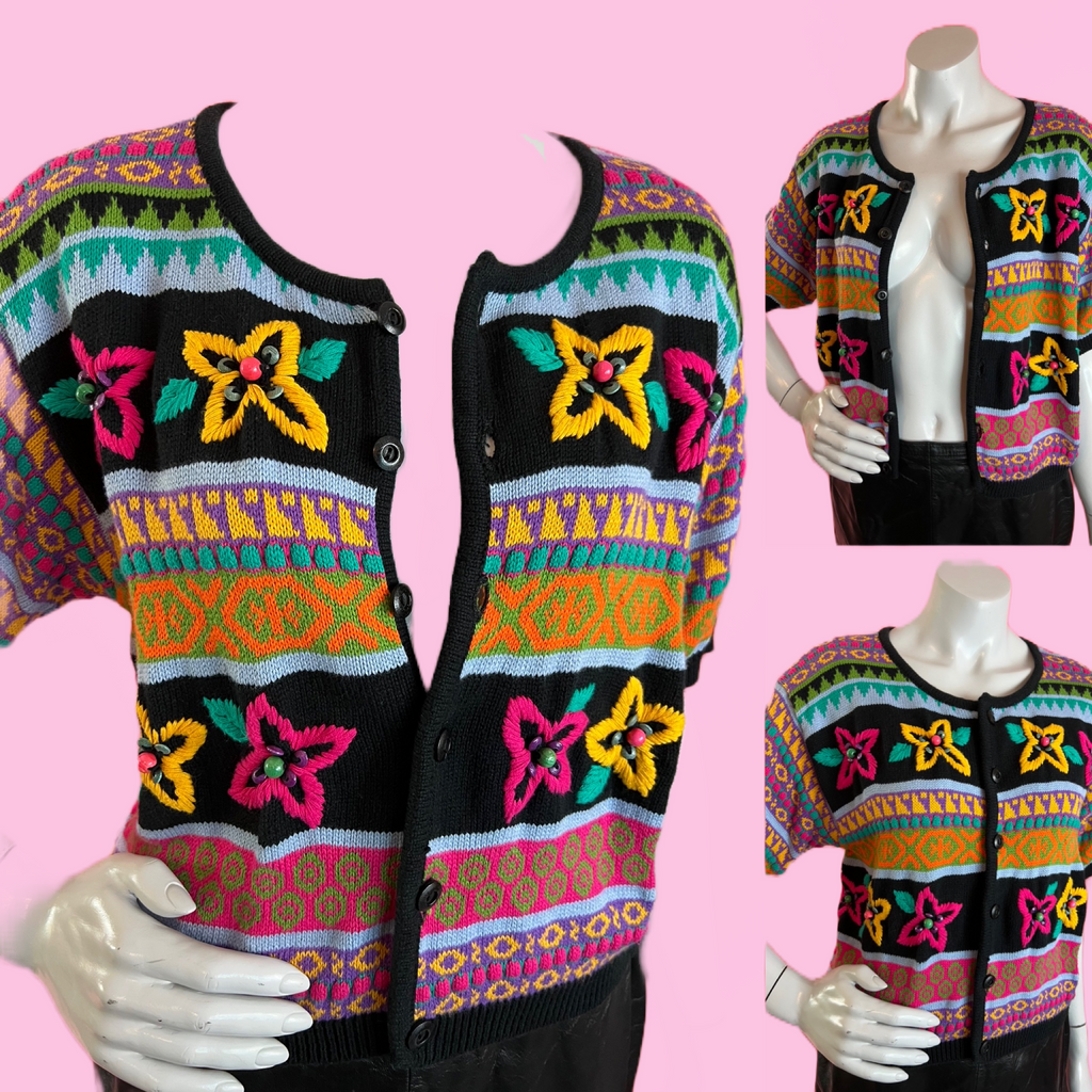 Colorful Embroidered Beaded Short Sleeve Cardigan — vintage knit in black