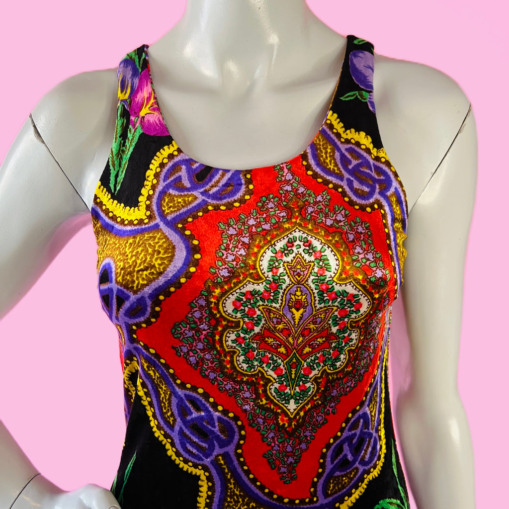 90s Betsey Johnson Rainbow Velvet Tank Maxi Dress — vintage 1990s Betsey Johnson dress in multicolour