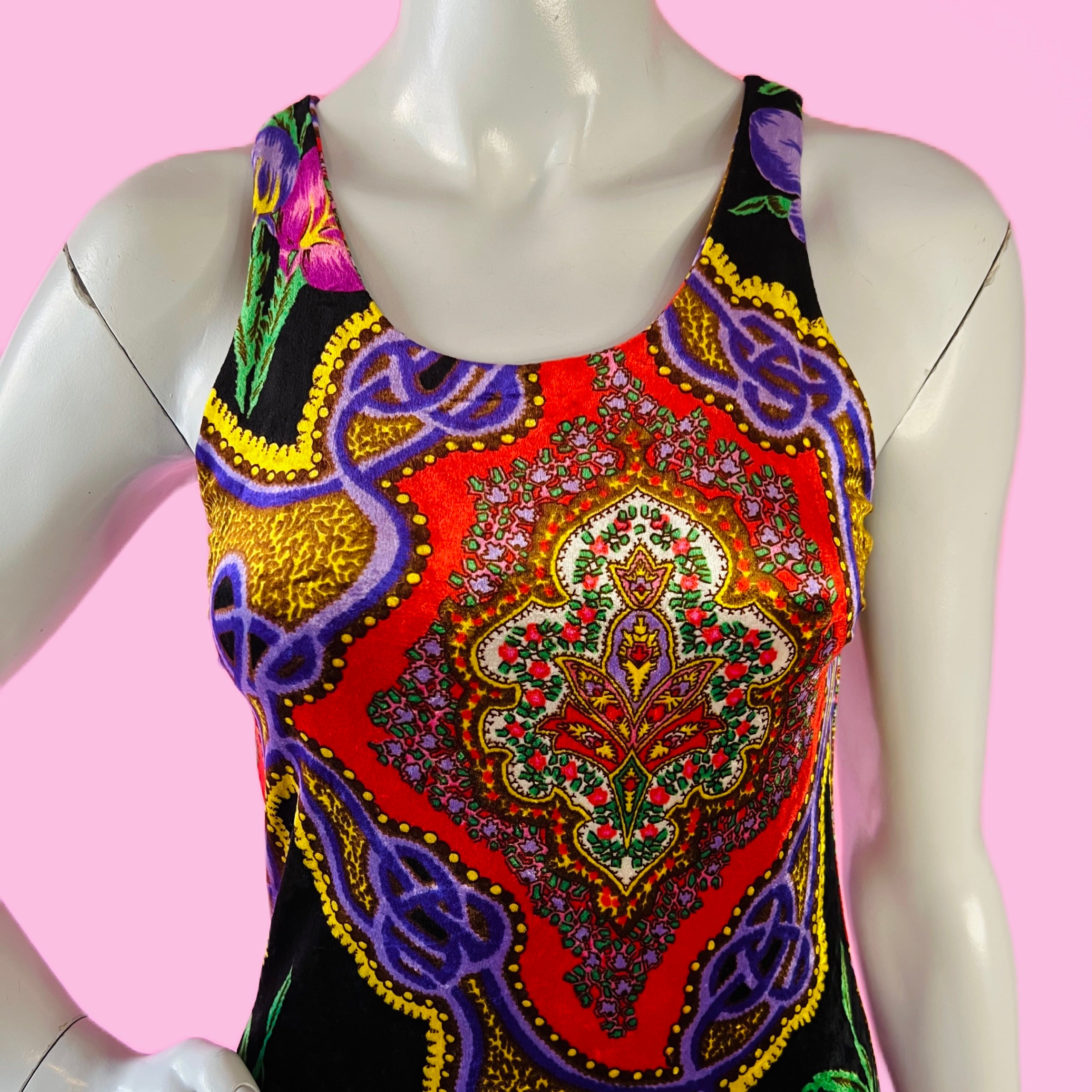 90s Betsey Johnson Rainbow Velvet Tank Maxi Dress — vintage 1990s Betsey Johnson dress in multicolour