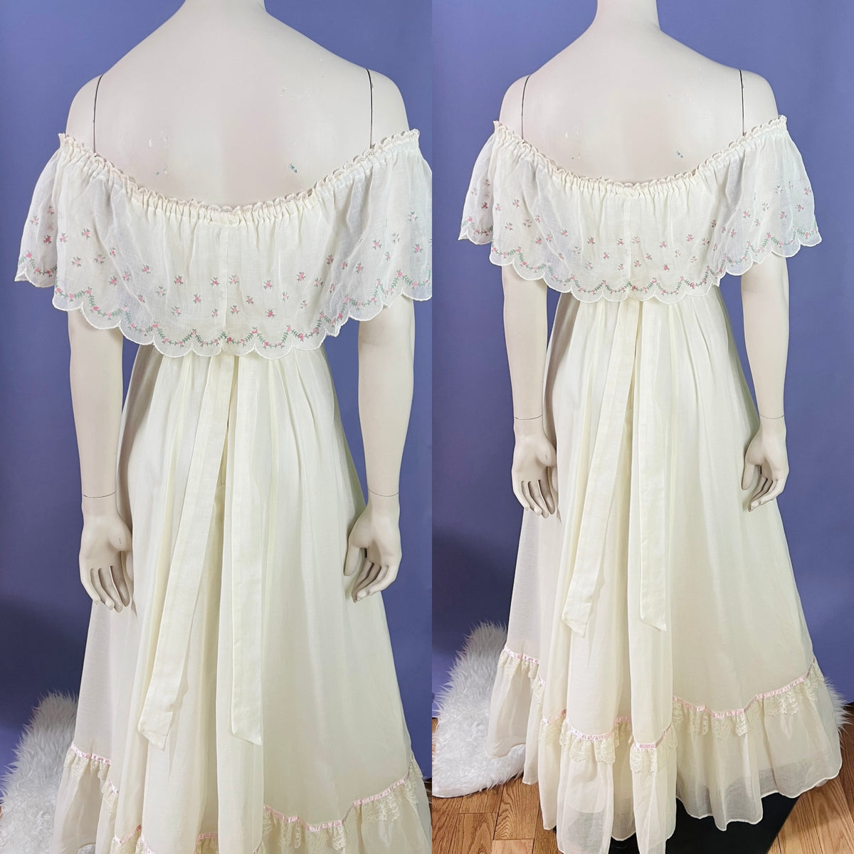 Ethereal Gunne Sax Off the Shoulder 1970s Maxi Dress — vintage 1970s Gunne Sax dress in pink