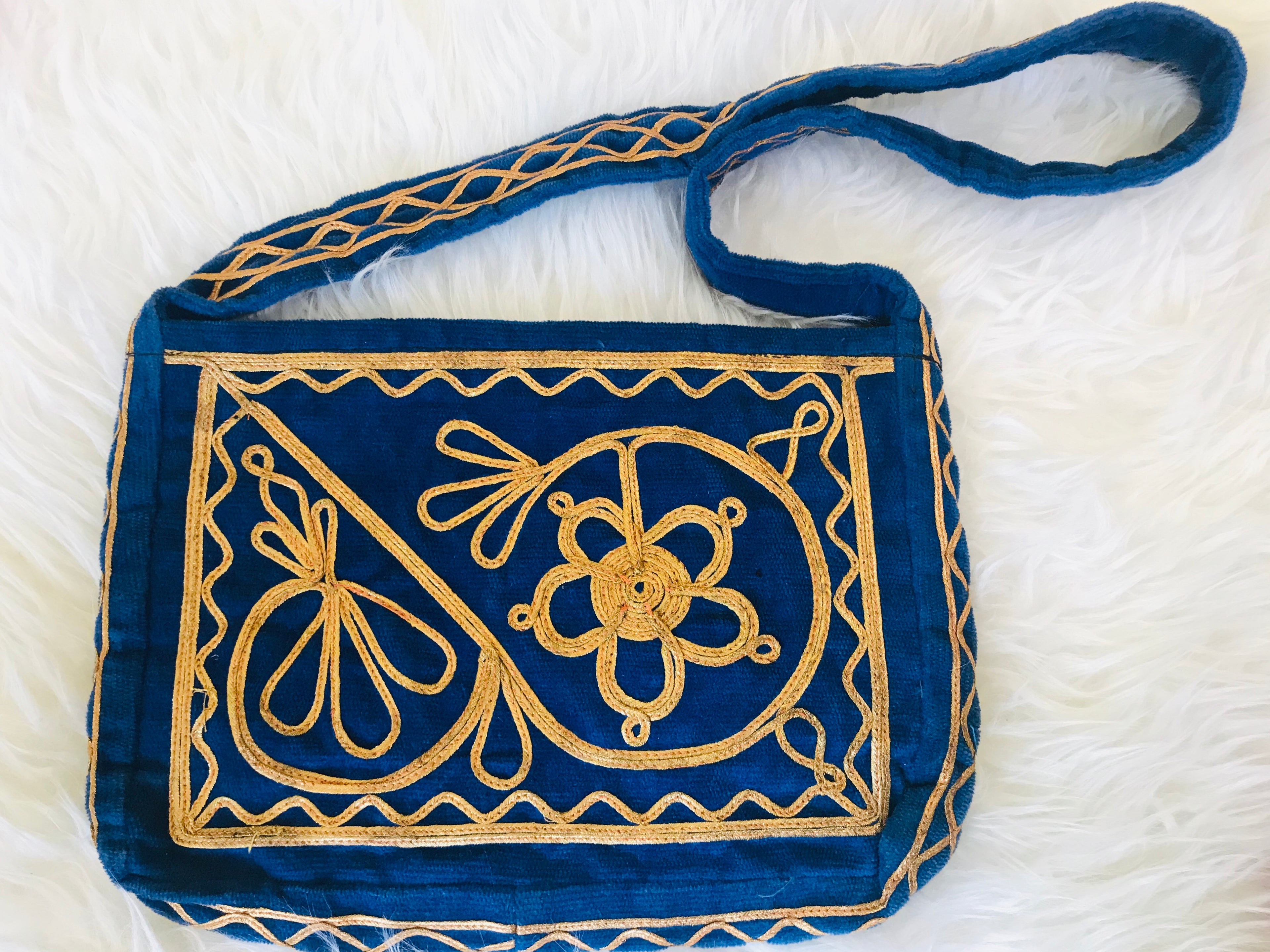 1960s/70s Blue Velvet Gold Embroidered Handbag found exclusively at Empress Vintage in Berkeley, CA!
