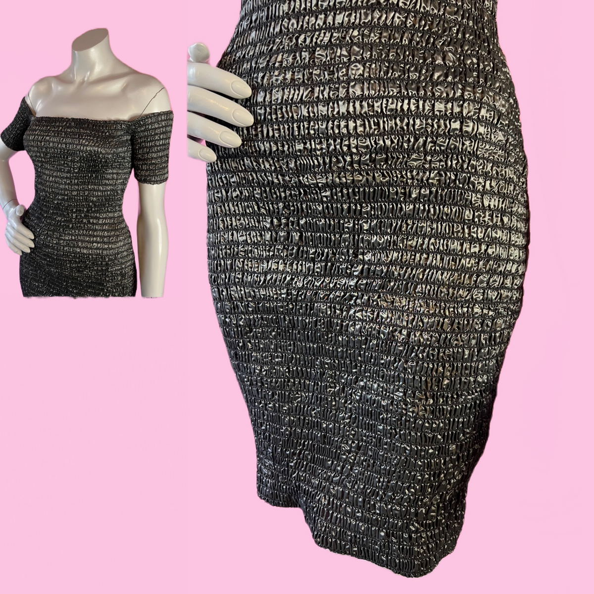 Betsey Johnson Gunmetal Ruched Punk Label Off the Shoulder Bodycon Dress — vintage Betsey Johnson dress in silver