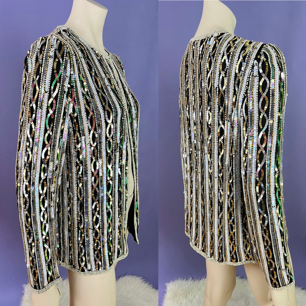Infinity Sequin Pearl Silk Jacket — vintage Papéll Boutique Evening jacket in white, gold, silver