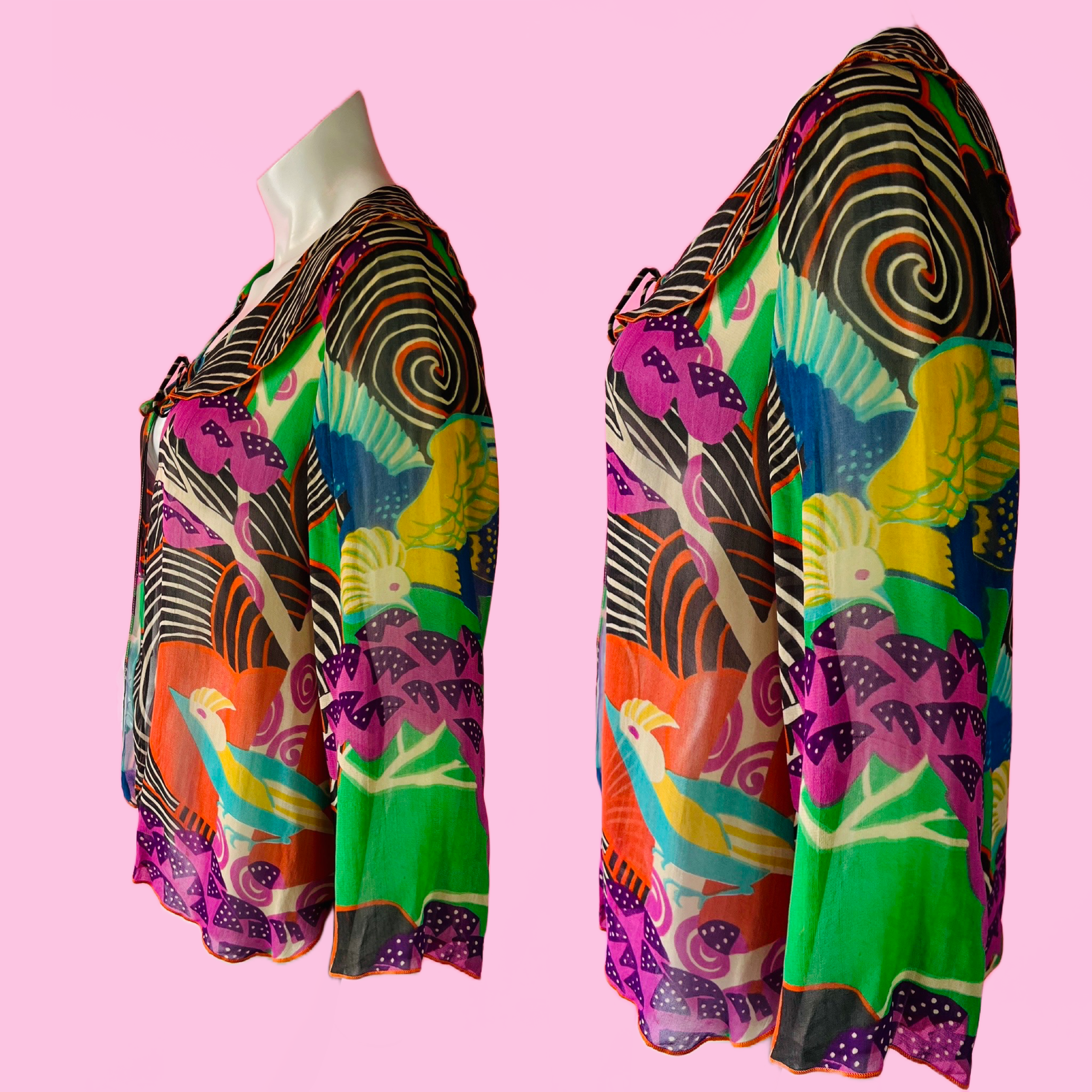 Renèe Helga Howie Bird Print Sheer Collared Top — vintage 1990s Renèe Helga Howie top