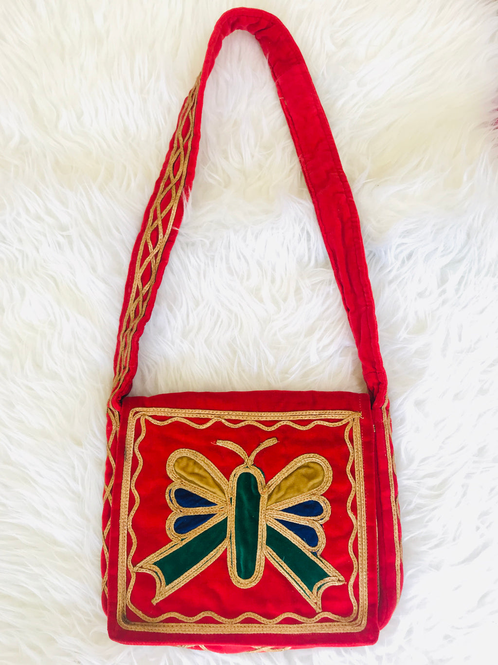 1960s/70s Red Velvet Butterfly Embroidered Handbag — vintage 1960s bag in red
