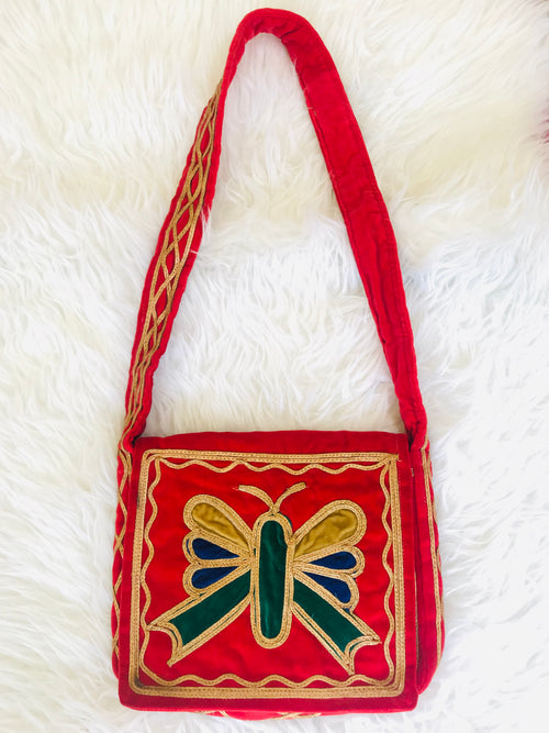 1960s/70s Red Velvet Butterfly Embroidered Handbag — vintage 1960s bag in red