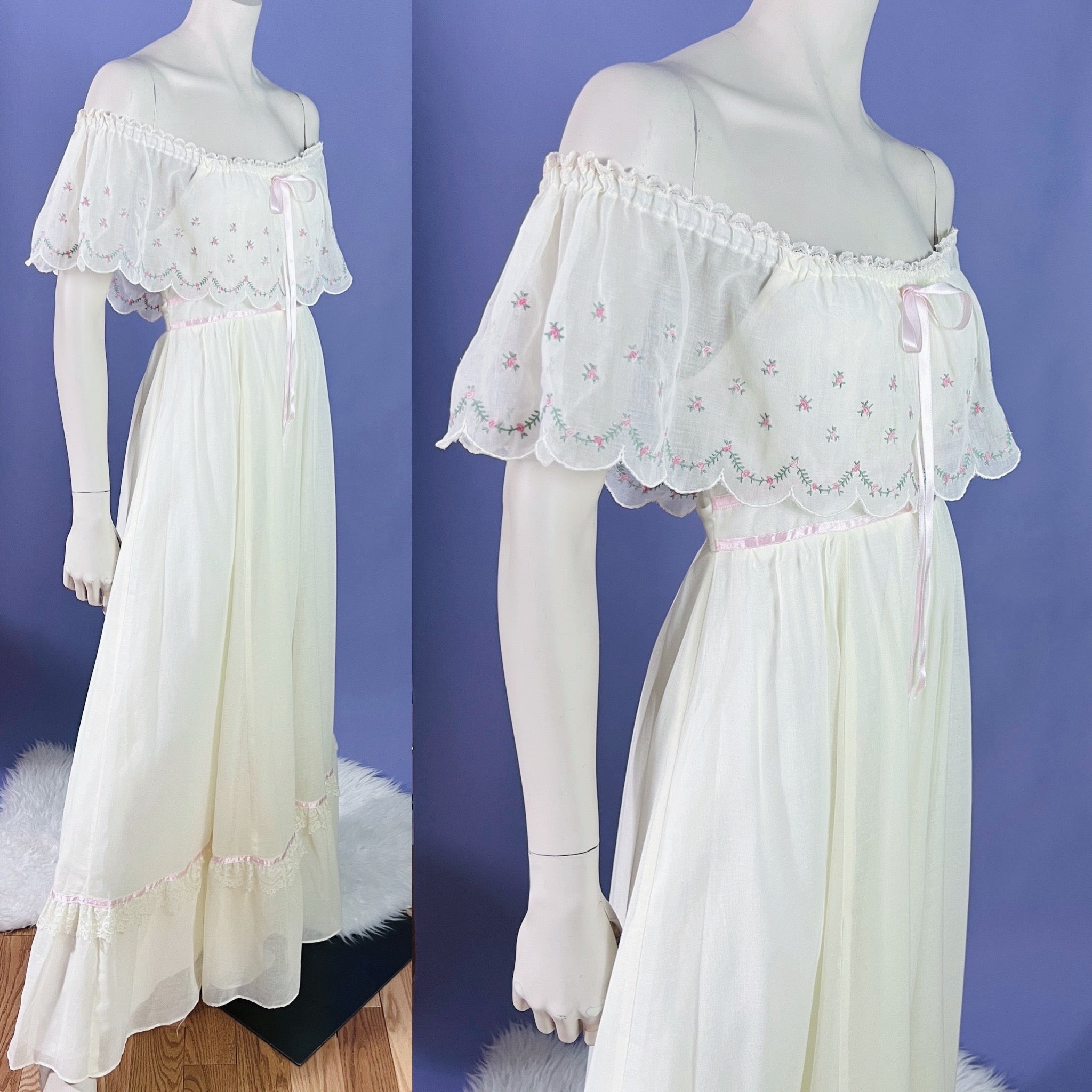 Ethereal Gunne Sax Off the Shoulder 1970s Maxi Dress — vintage 1970s Gunne Sax dress in pink