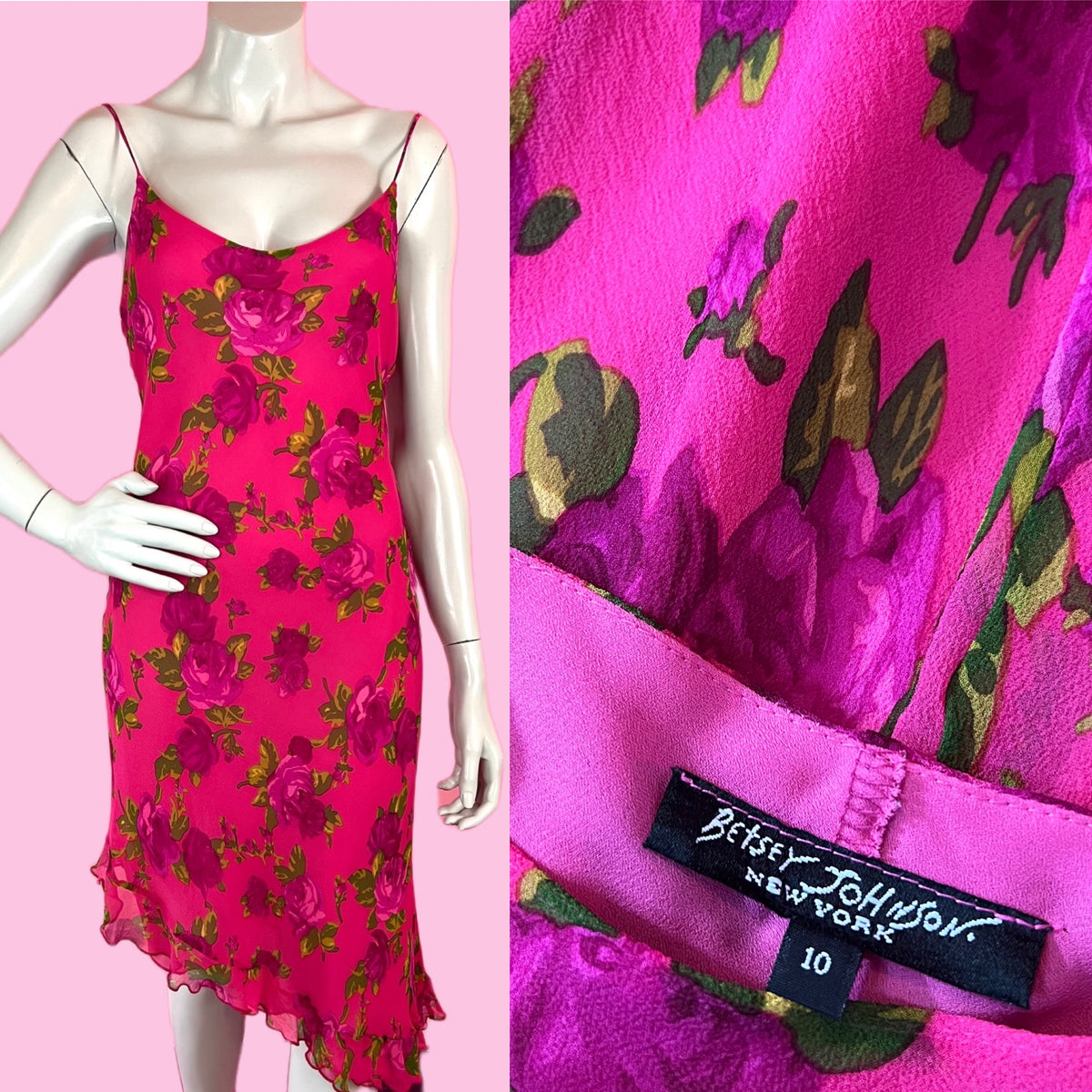 Magenta Pink Silk Rose Print Asymmetrical Hem 90s Betsey Johnson Dress — vintage 1990s Betsey Johnson dress in pink