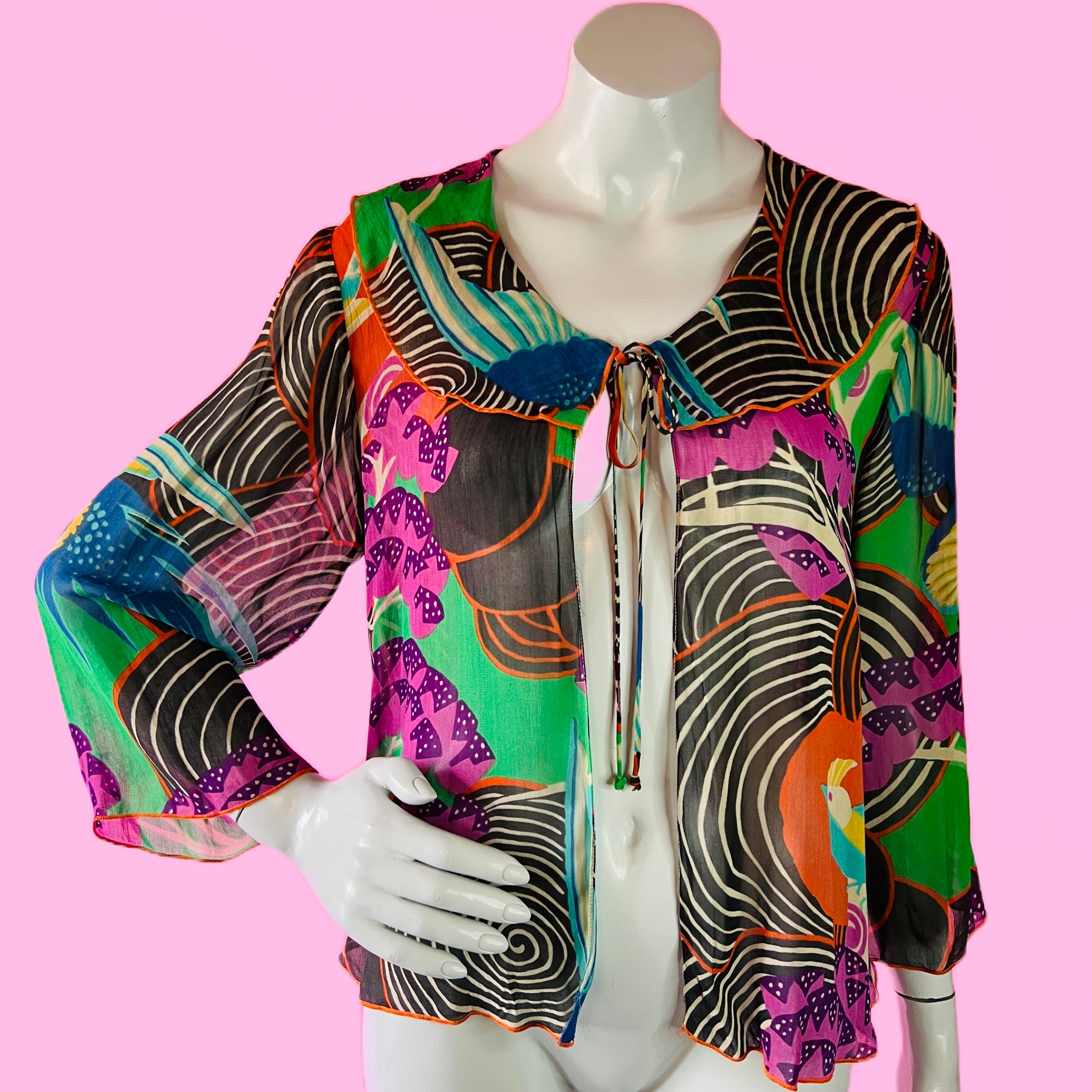 Renèe Helga Howie Bird Print Sheer Collared Top — vintage 1990s Renèe Helga Howie top