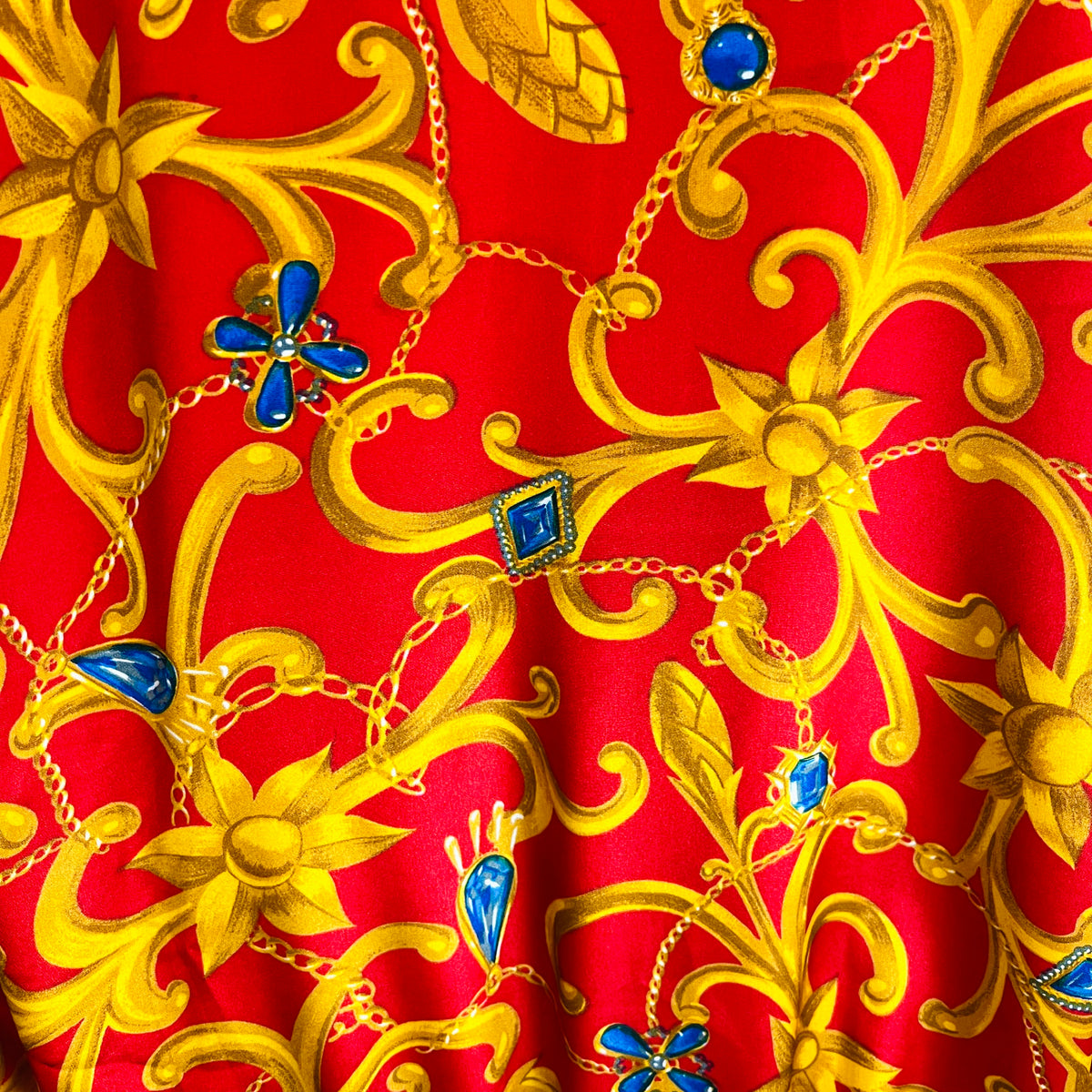 Gripoix Baroque Print Red Bomber Style 90s Jacket — vintage 1990s jacket in red