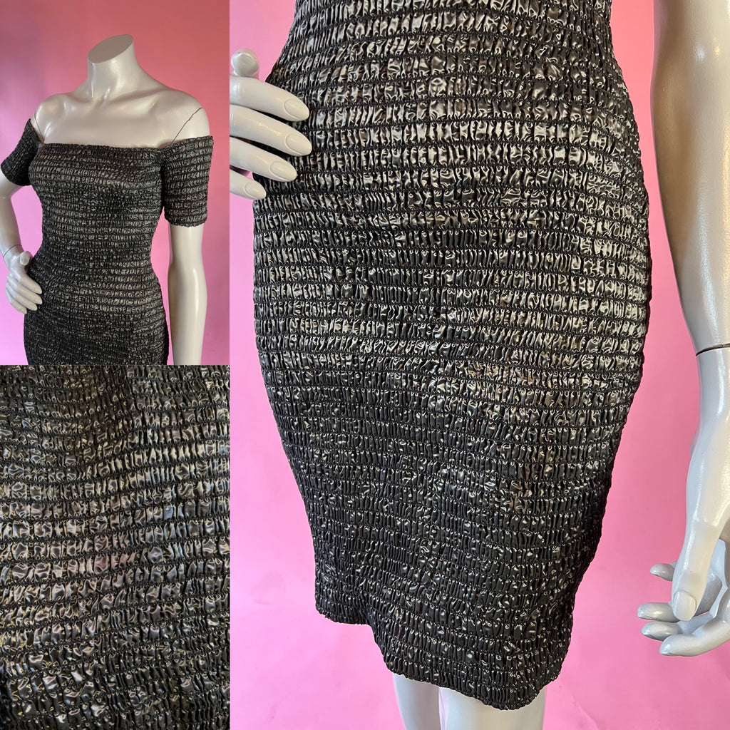 Betsey Johnson Gunmetal Ruched Punk Label Off the Shoulder Bodycon Dress — vintage Betsey Johnson dress in silver