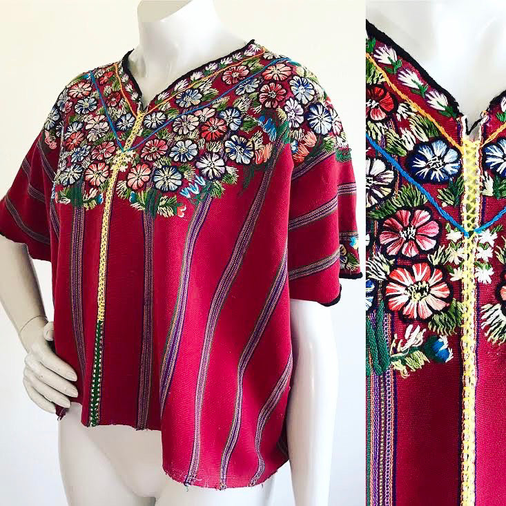 Red Rainbow Striped Cropped Woven Guatemalan Huipil with Embroidered Flowers — vintage caftan in red, multicolour