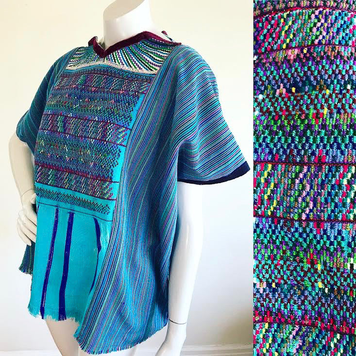 Aqua Rainbow Striped Woven Guatemalan Huipil — vintage caftan in blue, multicolour