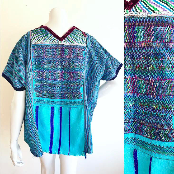 Aqua Rainbow Striped Woven Guatemalan Huipil — vintage caftan in blue, multicolour