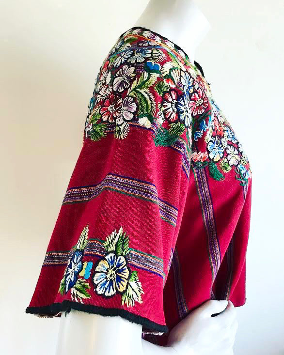 Red Rainbow Striped Cropped Woven Guatemalan Huipil with Embroidered Flowers — vintage caftan in red, multicolour