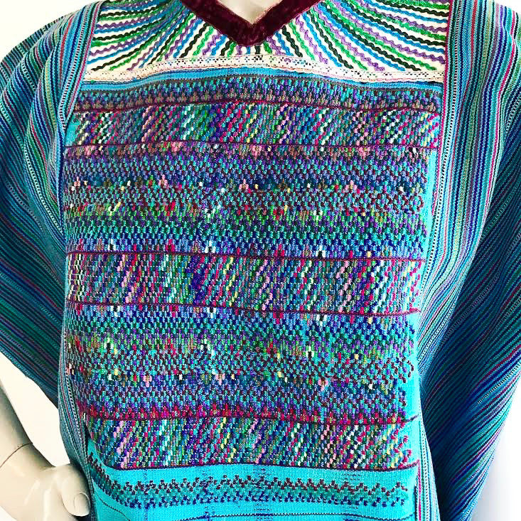 Aqua Rainbow Striped Woven Guatemalan Huipil — vintage caftan in blue, multicolour