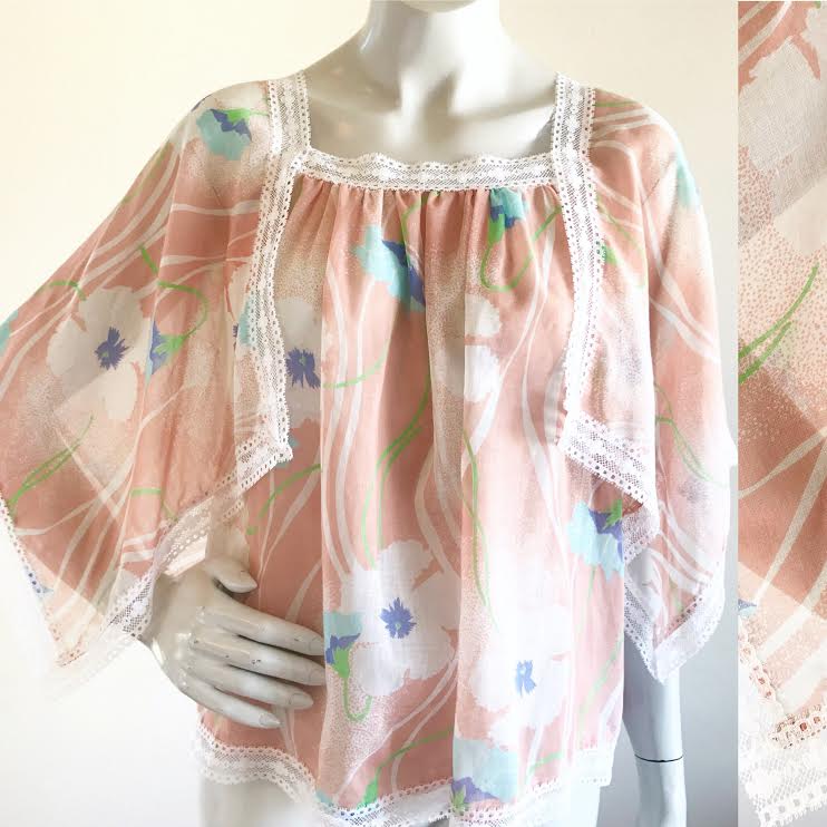 Semi Sheer Pastel Fairy Hem Lace Trimmed Blouse — vintage 1970s top